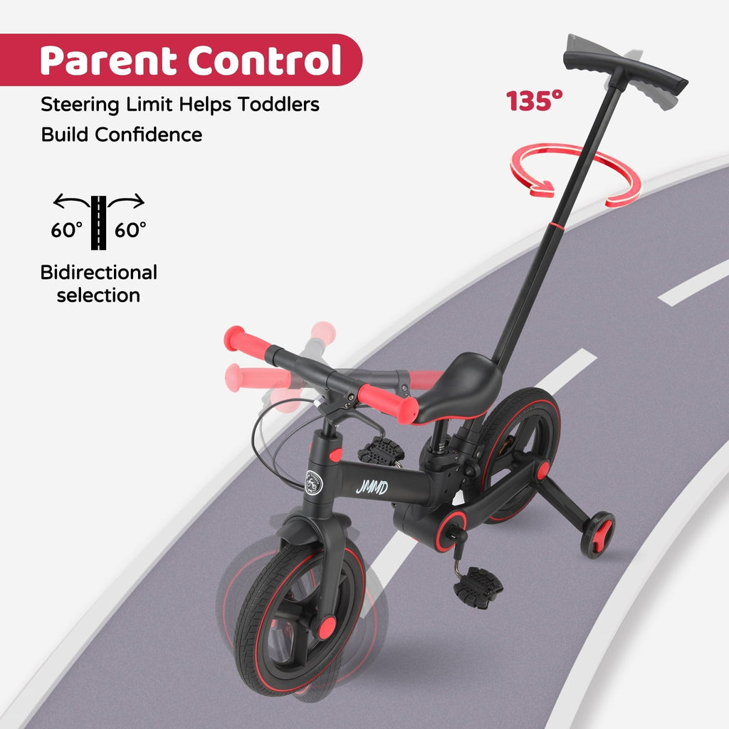 JMMD Toddler Bike with Push Handle for Kid 18-60 Months, 6 in 1 Foldable Tricycle with Training Wheel, Pedals, Kid Balance Bike for Boy & Girl, Black