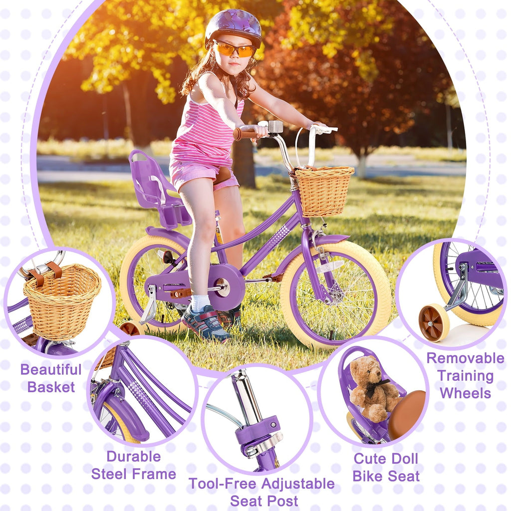 XJD Girls Bike for Toddlers and Kids Ages 2-12 Years Old,12 14 16 Inch Kids Bike with Training Wheels & Basket, 20 Inch Girls Bicycle with Handbrake & Kickstand