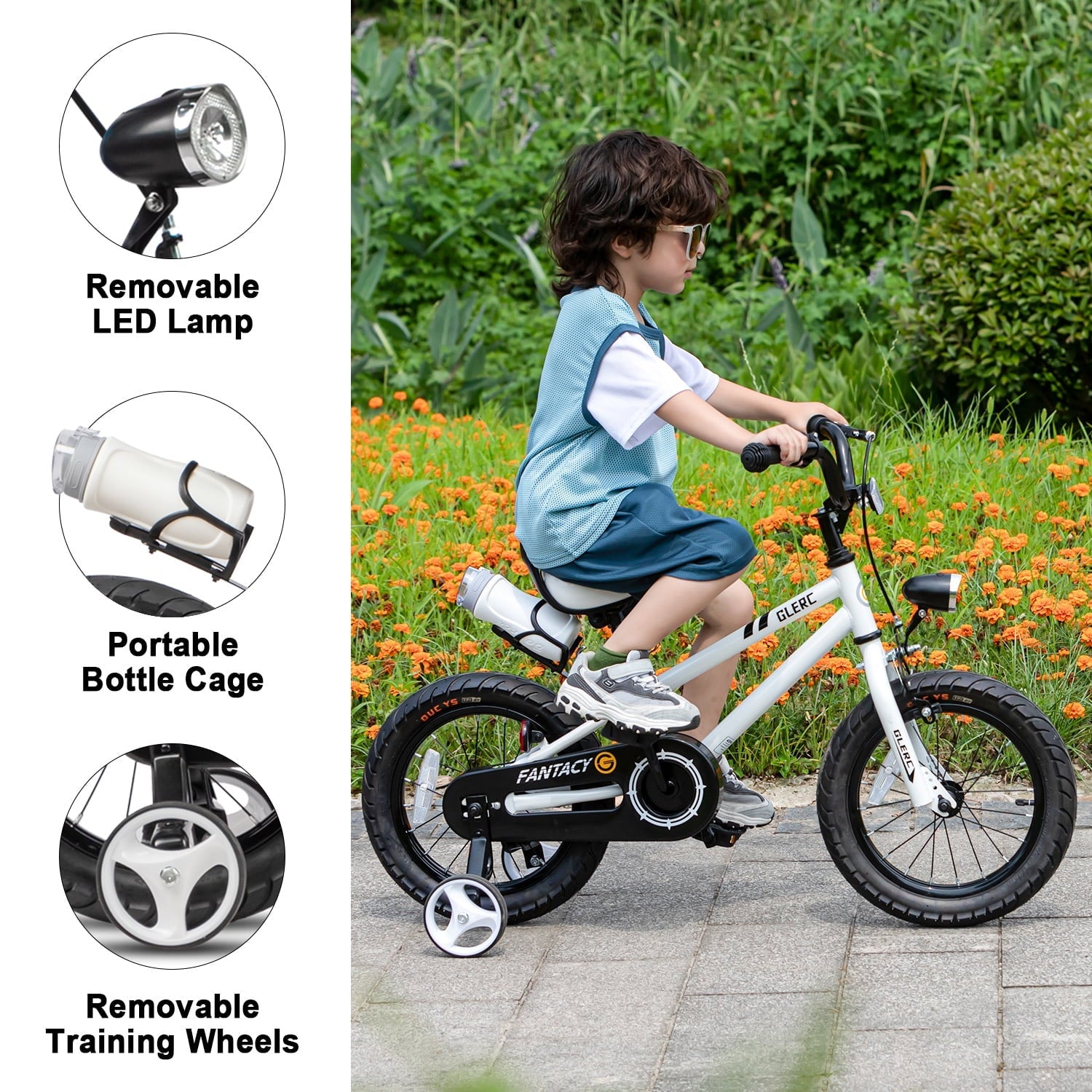 Glerc 14 inch Kids Bike for Child 3-5 Year old Boys Girls with Water Bottle Holder & Headlight & Training Wheels, Black