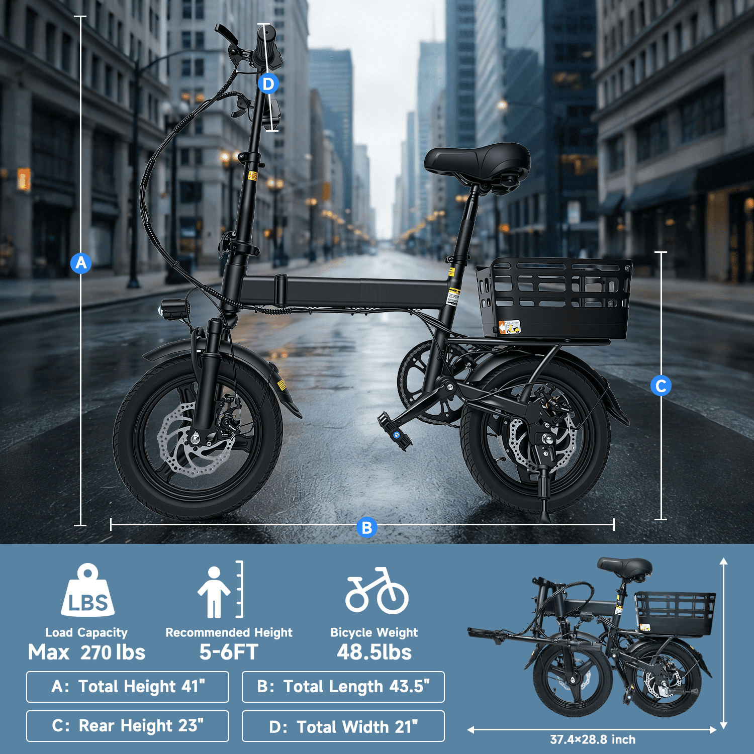 Electric Bike for Adults with Basket,500W Peak Motor,35 Miles 20 MPH,432WH Battery,14 Folding Ebike Bicycle,UL2849