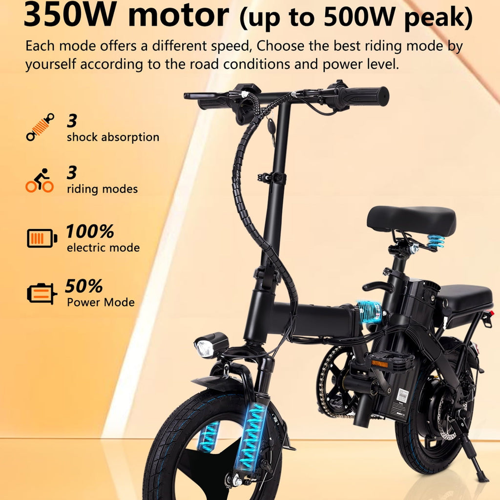 Electric Bike, 18 Mph Electric Bicycles, 350W Peak 500W Motor Foldable Ebike, 14 Tire E-bike for Adults, 48V 8Ah Battery, 15° Uphill, UL2849 Certified, 25 Miles PAS Range
