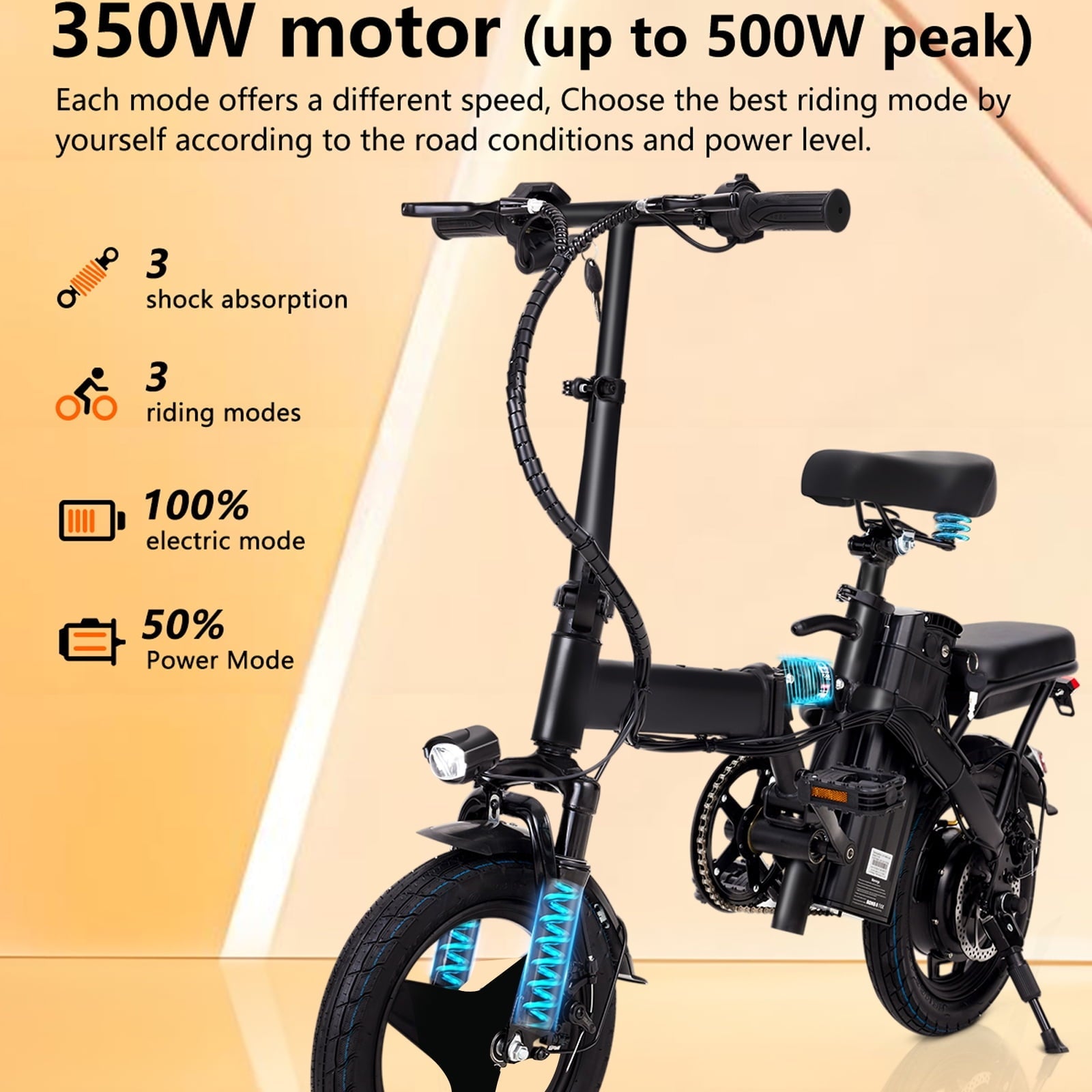 Electric Bike, 18 Mph Electric Bicycles, 350W Peak 500W Motor Foldable Ebike, 14 Tire E-bike for Adults, 48V 8Ah Battery, 15° Uphill, UL2849 Certified, 25 Miles PAS Range