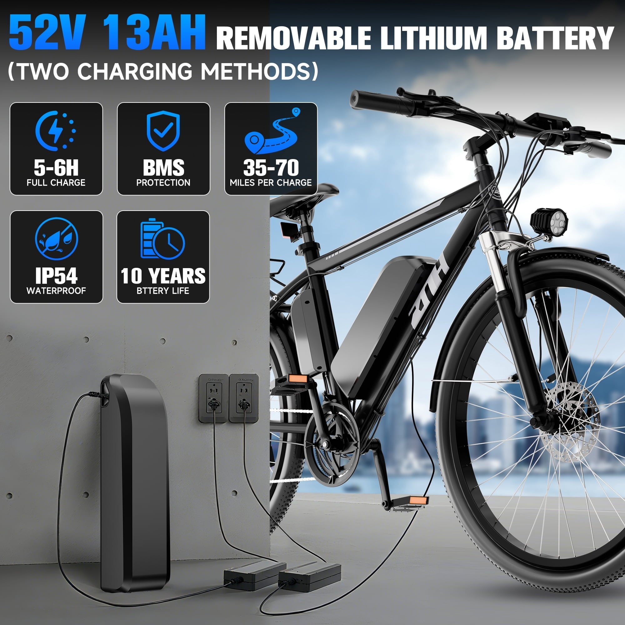 ZNH 1000w Peak Electric Bike for Adults – Electric Mountain Bike w 52V 13Ah Removable Battery ,26 off-road Ebike, Shimano 21-Speed, UL 2849 .Black