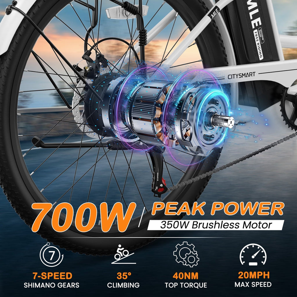 MOONCOOL Electric Bicycle for Adults 350W , 7-Speed Ebike with 36V 10.4Ah Removable Battery . 40 Miles Range , 20 mph Electric Commuter Bike for Women Men