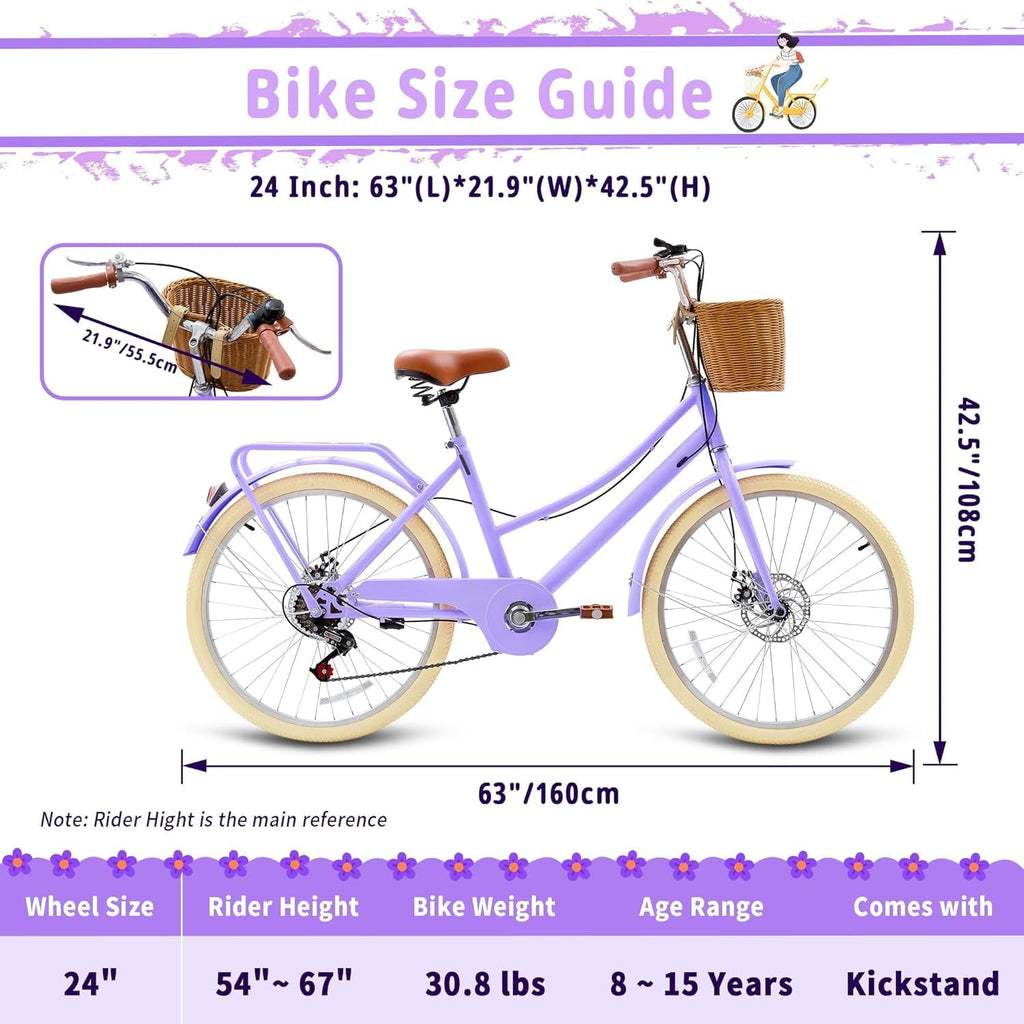 24 Beach Cruisers for Women, Pipleo Bikes for Women with Rattan Basket, 7-Speed & Step-Through Frame