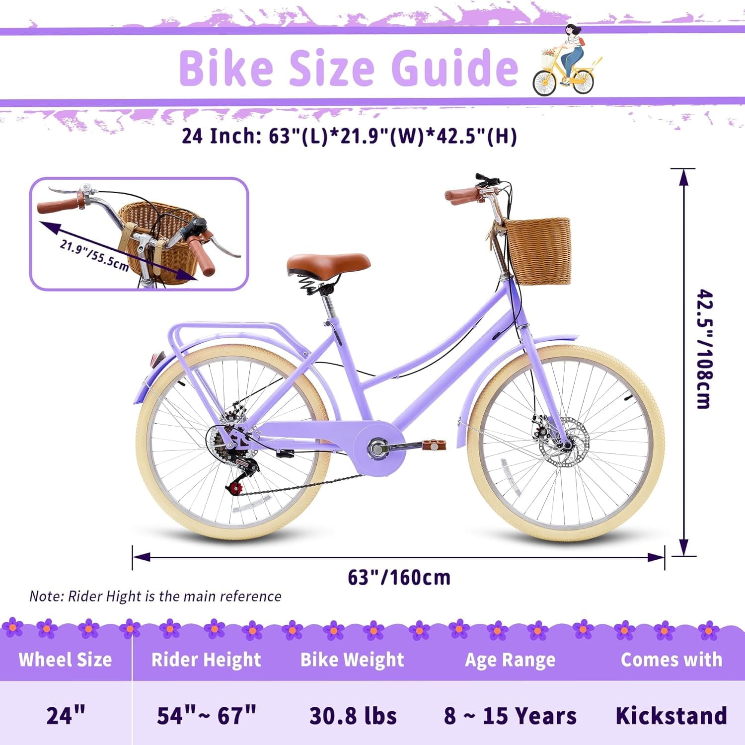 24 Beach Cruisers for Women, Pipleo Bikes for Women with Rattan Basket, 7-Speed & Step-Through Frame