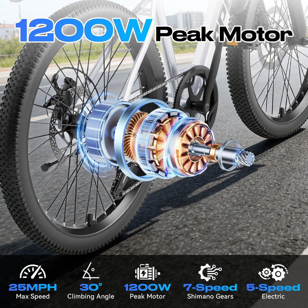 26 Electric Dirt Bike for Adults,1200W Peak Motor, 4 Modes & 7-Speed, UL2849 Certified,x Max 28Mph & 50Miles, Internal Removable Battery,Shock Absorber, Electric Mountain Bike