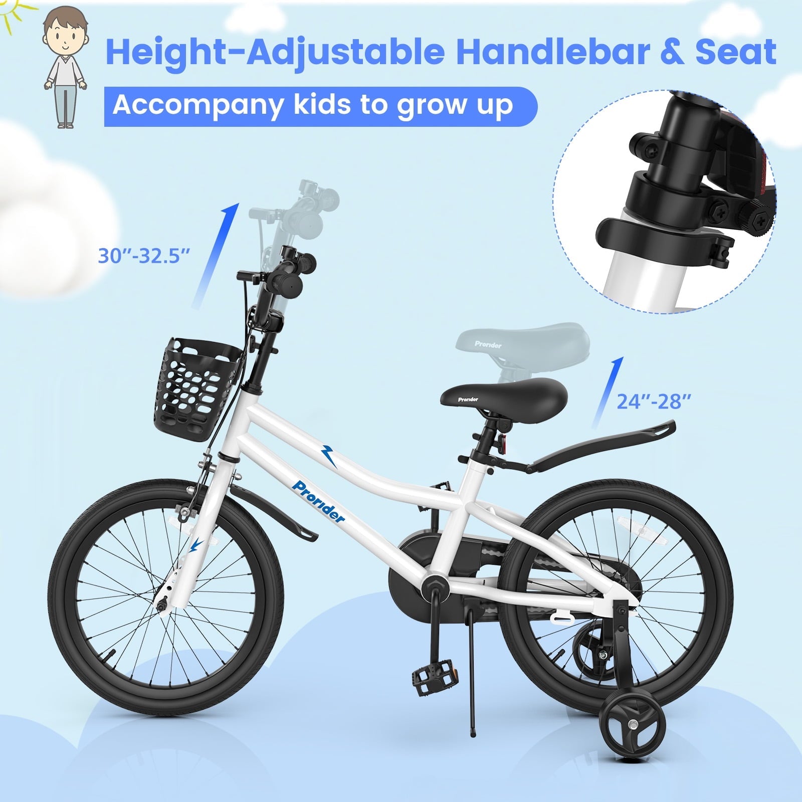 Costway 14'' Kid's Bike with Removable Training Wheels & Basket for 3-5 Years Old White