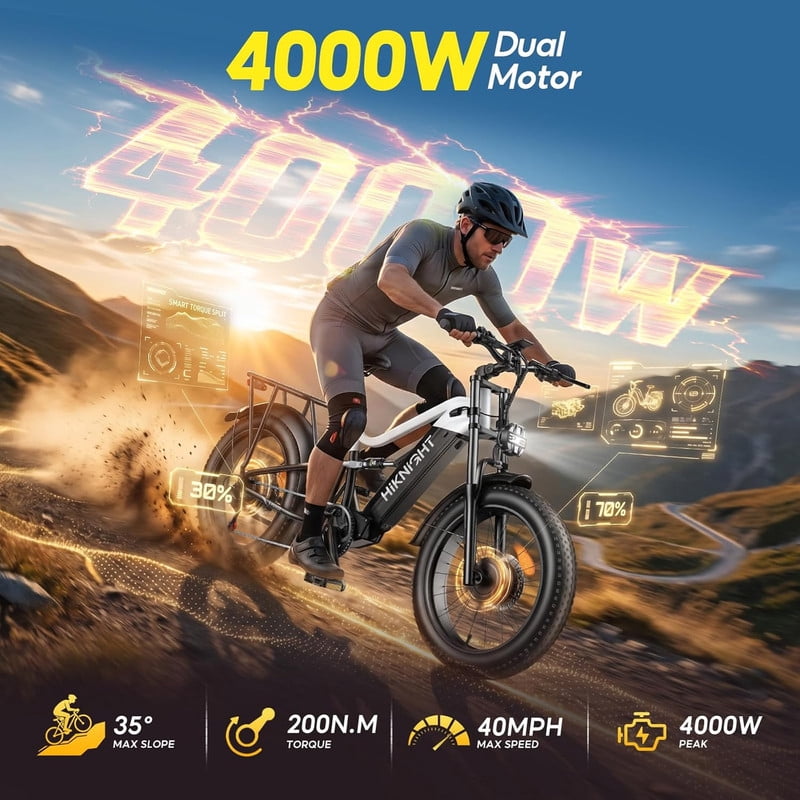 HiKNiGHT 4000W Dual Motor Electric Bike for Adults, 52V 20Ah Battery, 40 MPH & 90 Miles Range, 24 x 4.0 Fat Tire E-Bike, Dual Hydraulic Brakes, Full Suspension, H6 Pro (Black White) with Bag