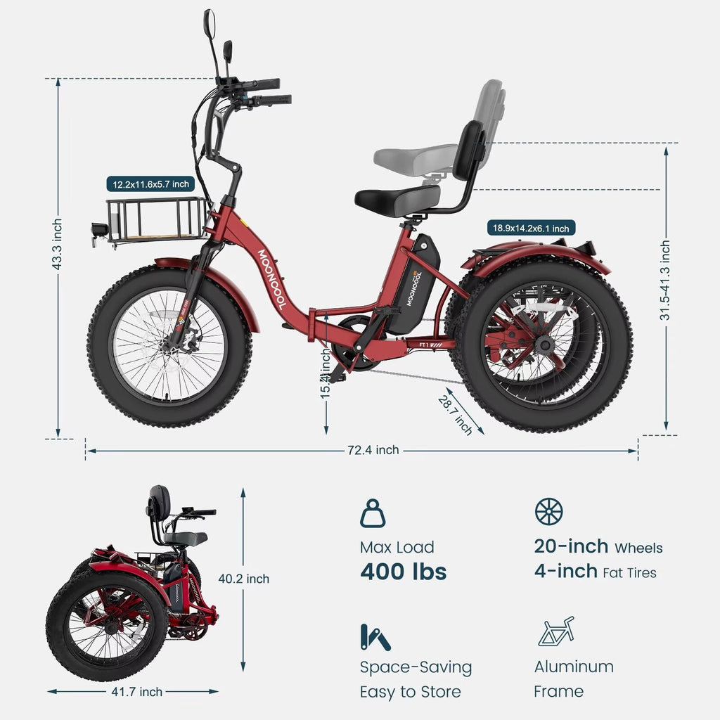 MOONCOOL Folding Electric Tricycle for Adults, 20 x 4 Fat Tire Electric Trike, 48V Peak 1092W  Electric Bicycle, 3 Wheels 7 Speed Ebike w/ 14.5Ah Removable Battery& Speed Differential Mechanism