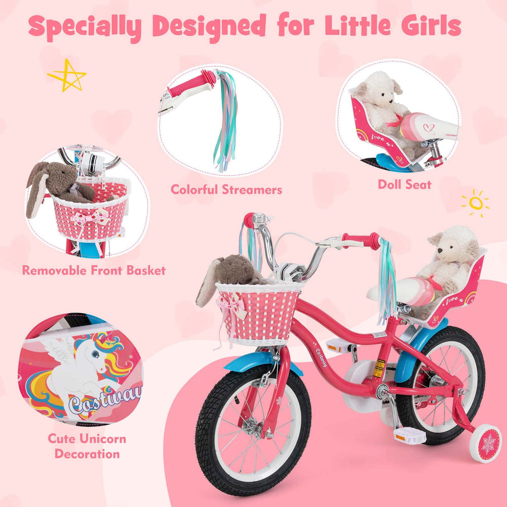 Costway 18 Inches Kids Bicycle with Training Wheels & Basket for Girls Age 4-8 Years Pink