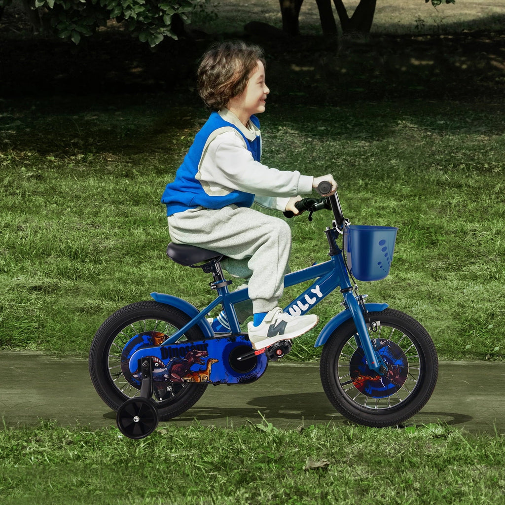 RULLY 14 Inch Dinosaur Kids Bike for Boys 3-5 Years, Bicycle with Training Wheels, Basket & Coaster Brake, Blue
