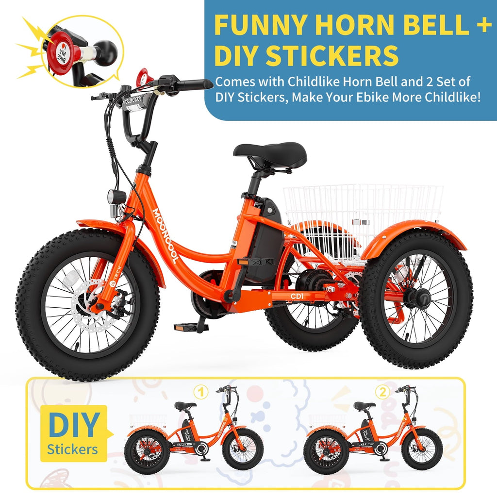 MOONCOOL Electric Tricycle for Kids ,16x3 3 Wheel 250W 10.4Ah Etrike W/ LED headlight & Rear Basket & horn bell & DIY stickers .6/9/12.5 MPH