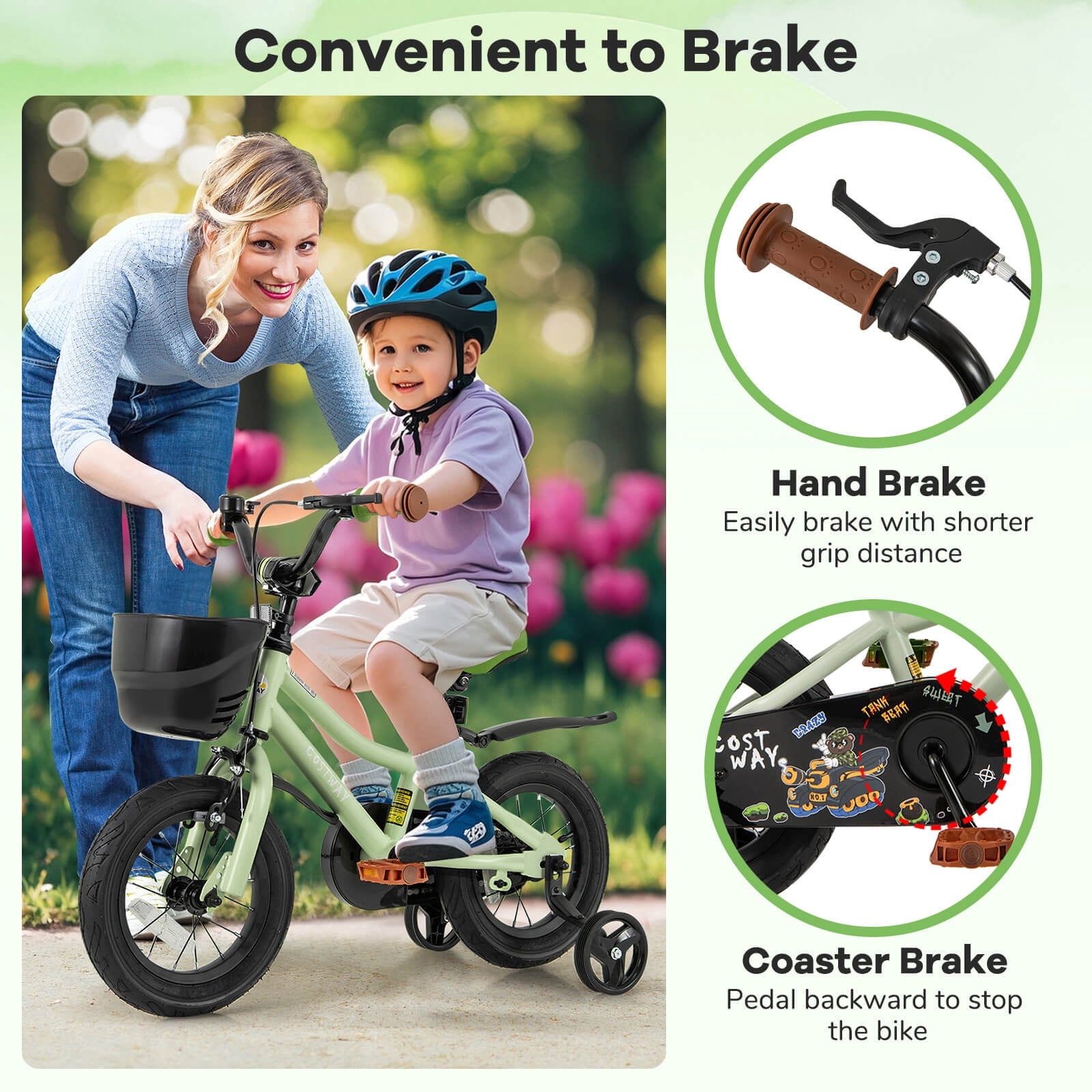 Costway 12 Kid's Bike with Training Wheels Adjustable Handlebar & Seat Handbrake Green