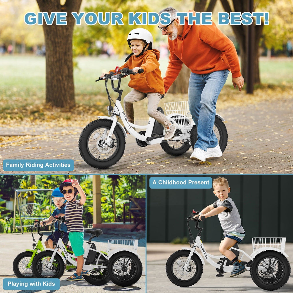 MOONCOOL Electric Tricycle for Kids ,16x3 3 Wheel 250W 10.4Ah Etrike W/ LED headlight & Rear Basket & horn bell & DIY stickers .6/9/12.5 MPH