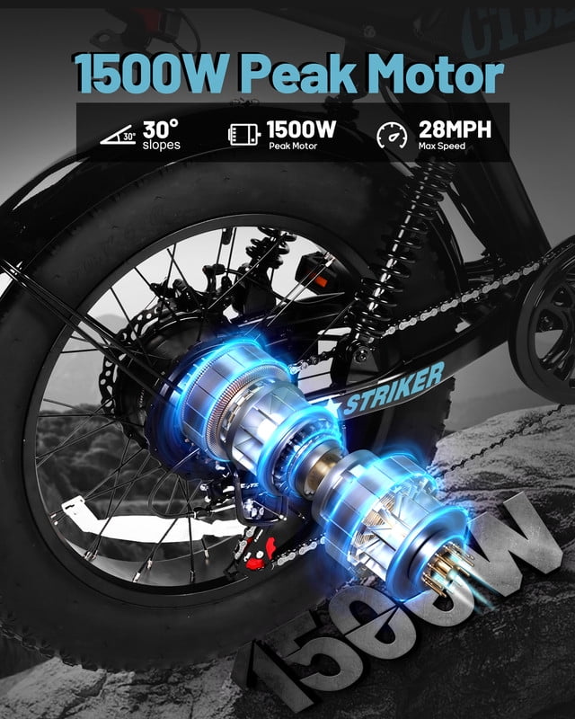 Electric Bike for Adults, Peak 1500W 28 MPH Fat Tire All-Terrain Electric Motorcycle, Full Suspension Mountain Electric Dirt Bike for Men/ Women Black & Blue
