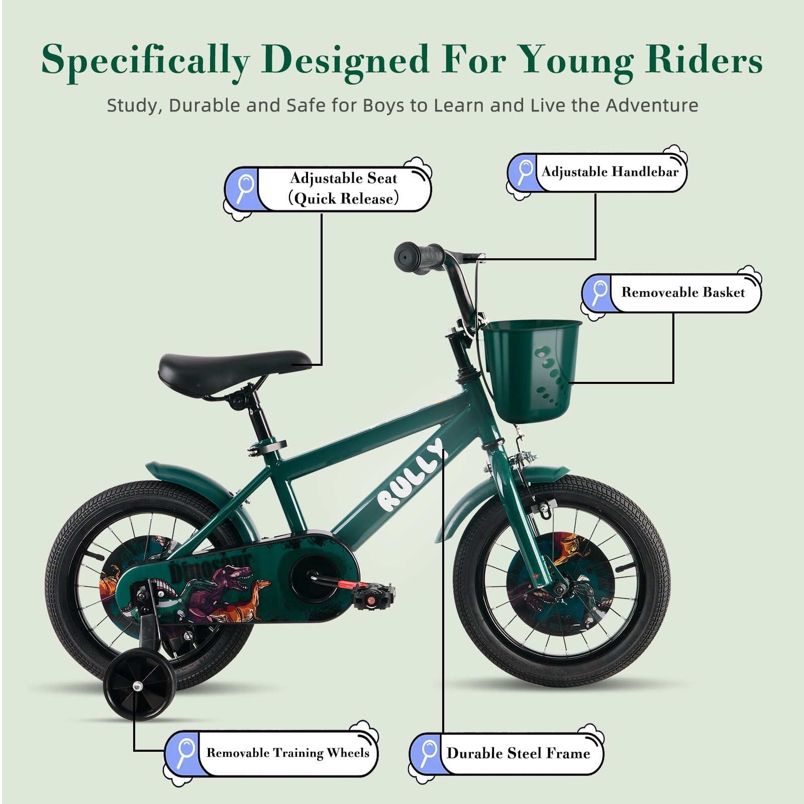 RULLY 14 Inch Dinosaur Kids Bike for Boys 3-5 Years, Bicycle with Training Wheels, Basket & Coaster Brake, Blue