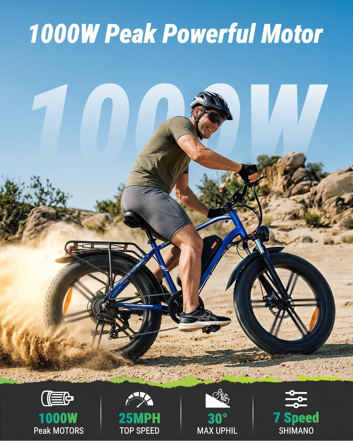 VTOKW Electric Bike, Peak 1000W Electric Bicycles for Adults, 20X4.0 Fat Tire Ebike, 48V/13AH Battery, 25MPH E-Mountain Bike for Cycling & Off-Road, 7-Speed Front Suspension Ebike for Adults UL2849