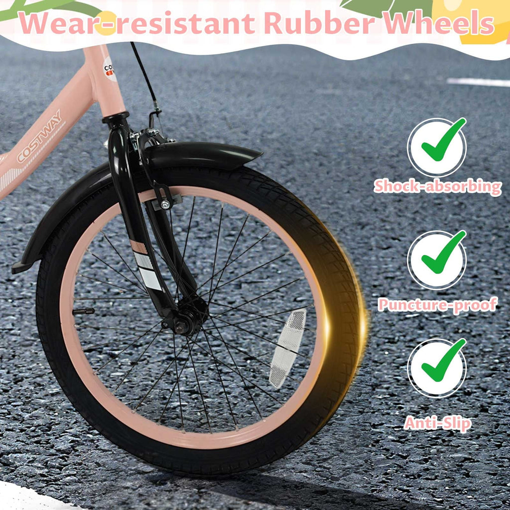 Costway 18 Inch Kids Bike with Training Wheels, Dual Brakes, Adjustable Seat & Handlebar Height Pink