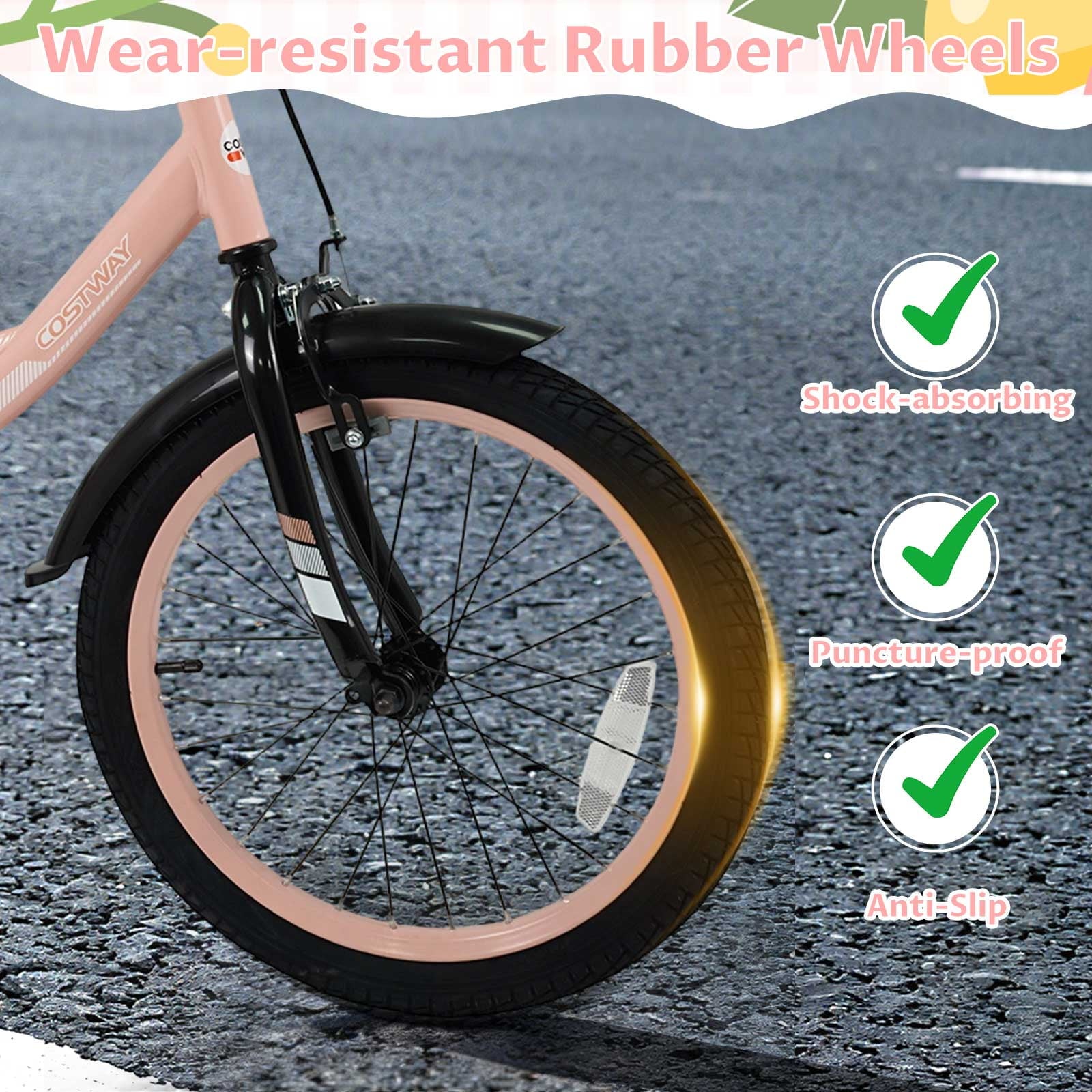 Costway 18 Inch Kids Bike with Training Wheels, Dual Brakes, Adjustable Seat & Handlebar Height Pink