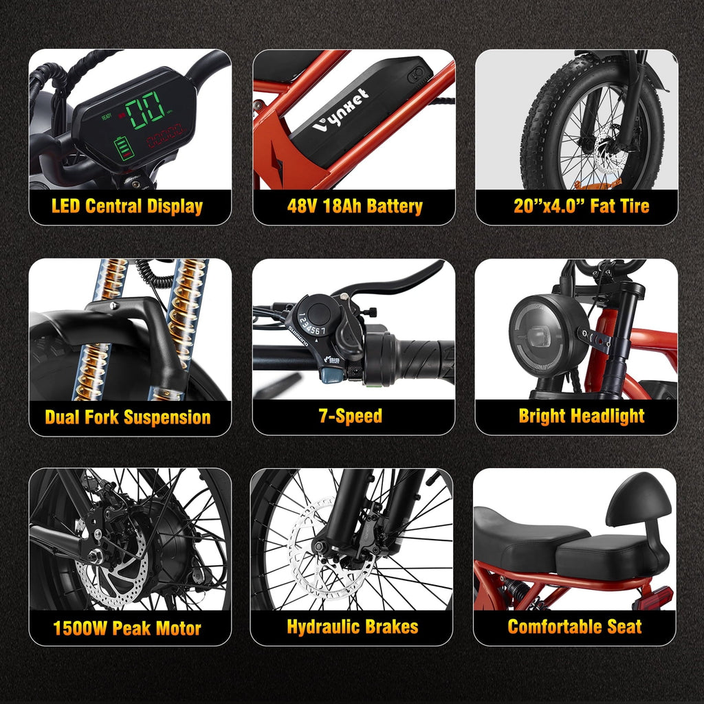 1500W Electric Bike, 20 Fat Tire E-Mountain Bikes, 48V 18Ah 32MPH Ebike for Adults Full Suspension UL2849, All-Terrain E-Bike, Orange