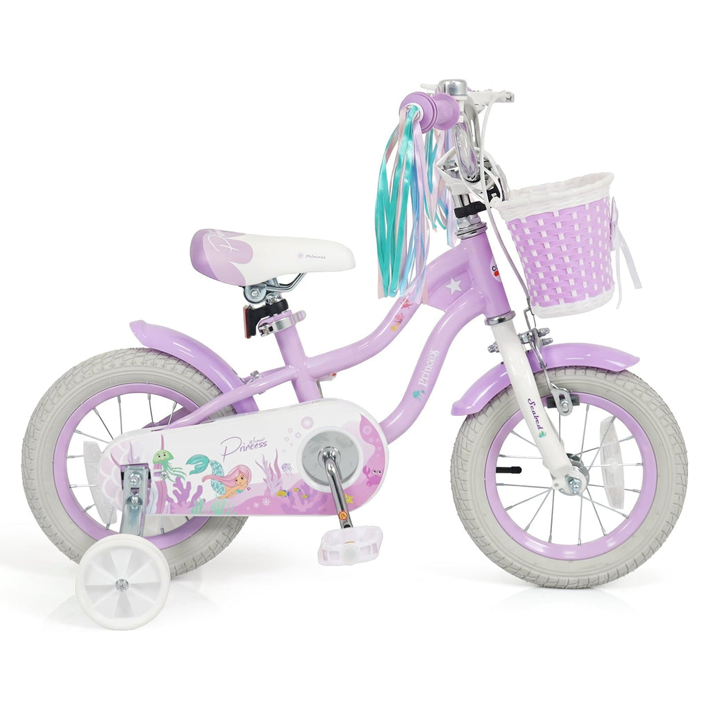 Costway 14 Kids Bike with Training Wheels Hand Coaster Brakes Adjustable Seat Handlebar Pink