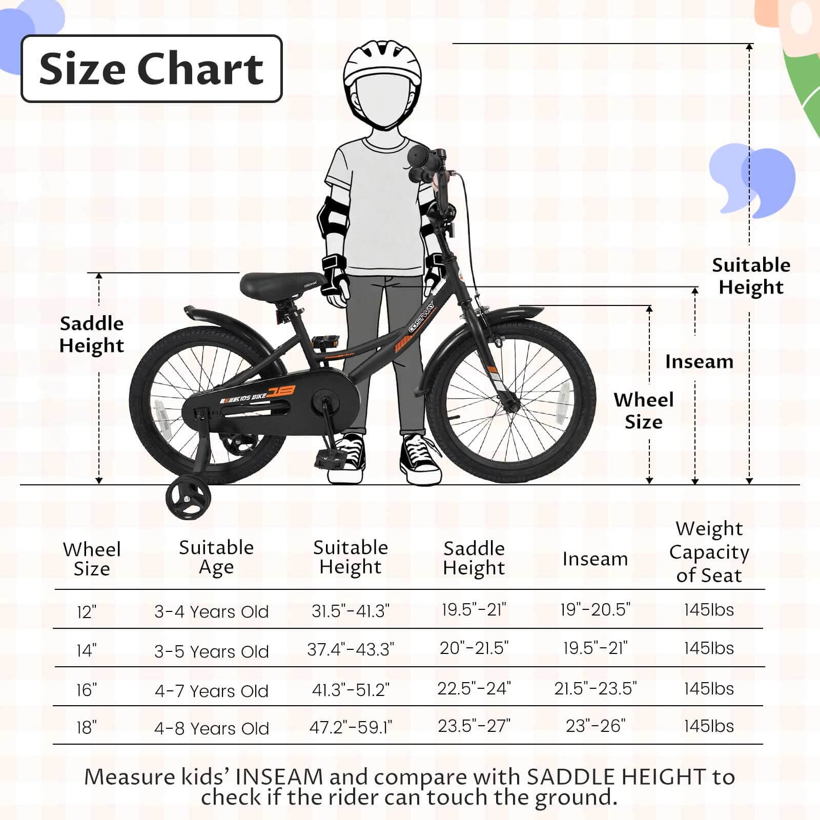 Costway 18 Inch Kids Bike with Training Wheels Dual Brakes Adjustable Seat Handlebar Height