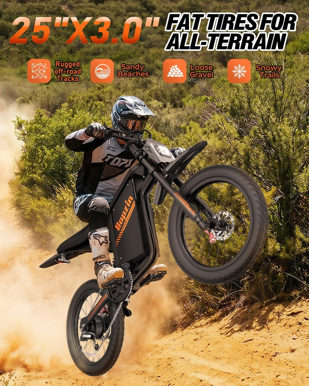 Bopzin Electric Dirt Bike for Adults, Smart App Anti-Theft, 60V 25Ah Up to 100 Miles, 3000W 20x3.0 Fat Tire Electric Bike UL2849