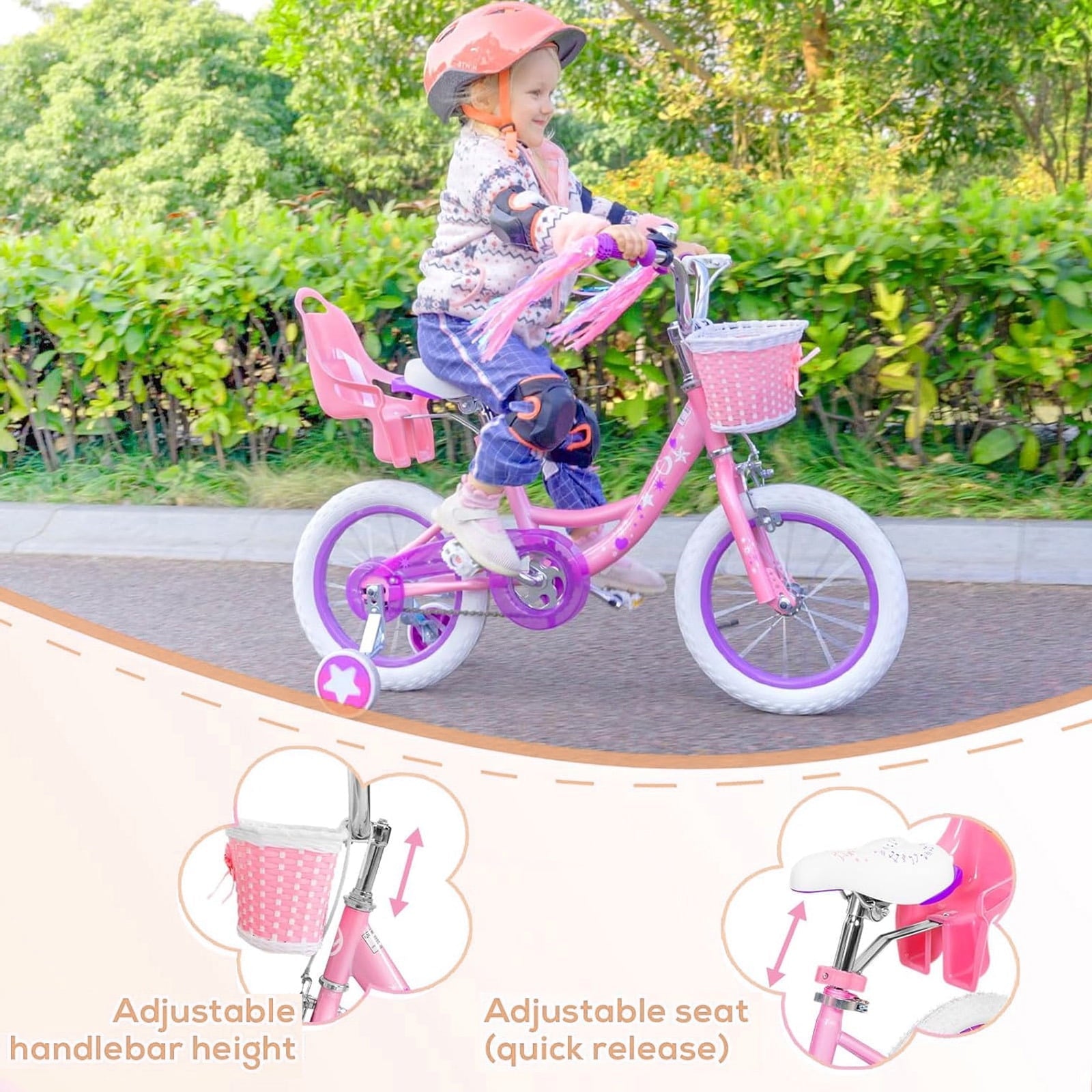 Hykolity 14 inch Girls Bike Princess Bicycle for Age 3-5 Years Old Rider Height 35-47 inch includes Training Wheel Basket Doll Seat Aqua Blue