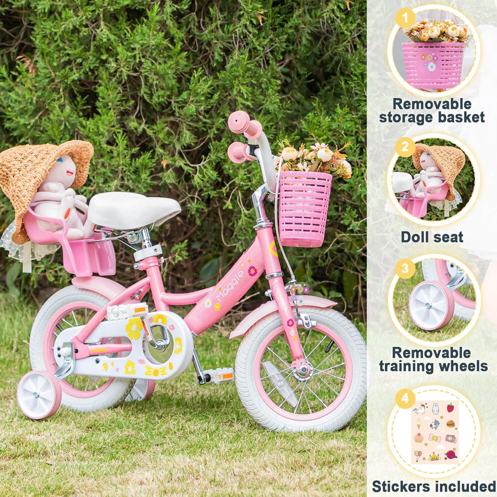 Glerc Maggie 14 inch Kids Girls Bike for Ages 3-5 Years Old Children, Princess Style Kids Bicycle with Doll-Seat & Basket & Training Wheels, Pink