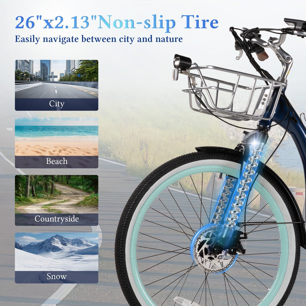 26 Inch Cruiser Electric Bike, E-Bike for Adults with 48V 15.6AH Removable Battery, Step Through Ebike for Women Men UL2849- Blue