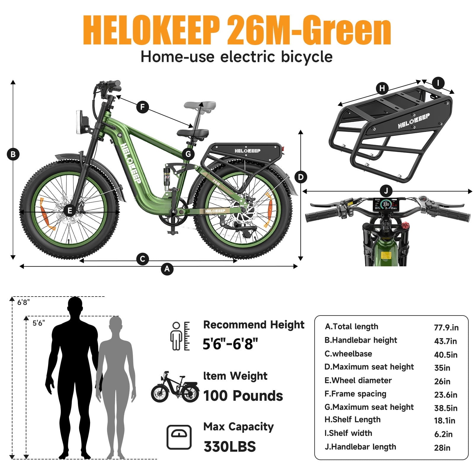 Helokeep 26 Green Fat Tire High Performance Cargo Electric Bike for Men, 4000W Peak 2000W, 40MPH, 48V 25Ah UL2849 Off-Road Ebike