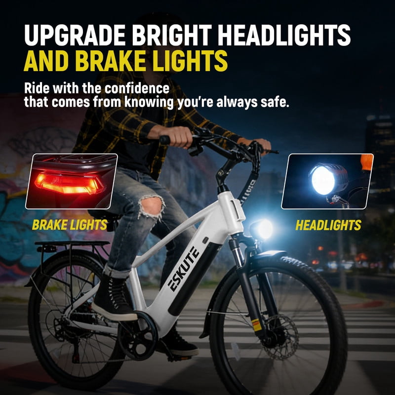 ESKUTE C200 70-Mile Electric Bike for Adults with 840Wh Removable Battery, 1300W Peak Power Ebike, Up to 28MPH Speed, 26 Tires, 7-Speed Adjustable Stem Step-Over E-Bicycle,Orange, UL2849