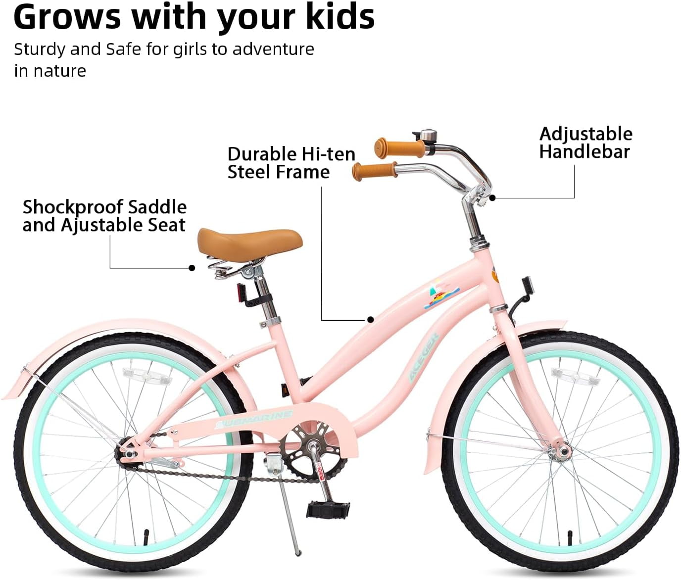 ACEGER 20 Inch Beach Cruiser Bike for Girls Ages 9-13, Pink