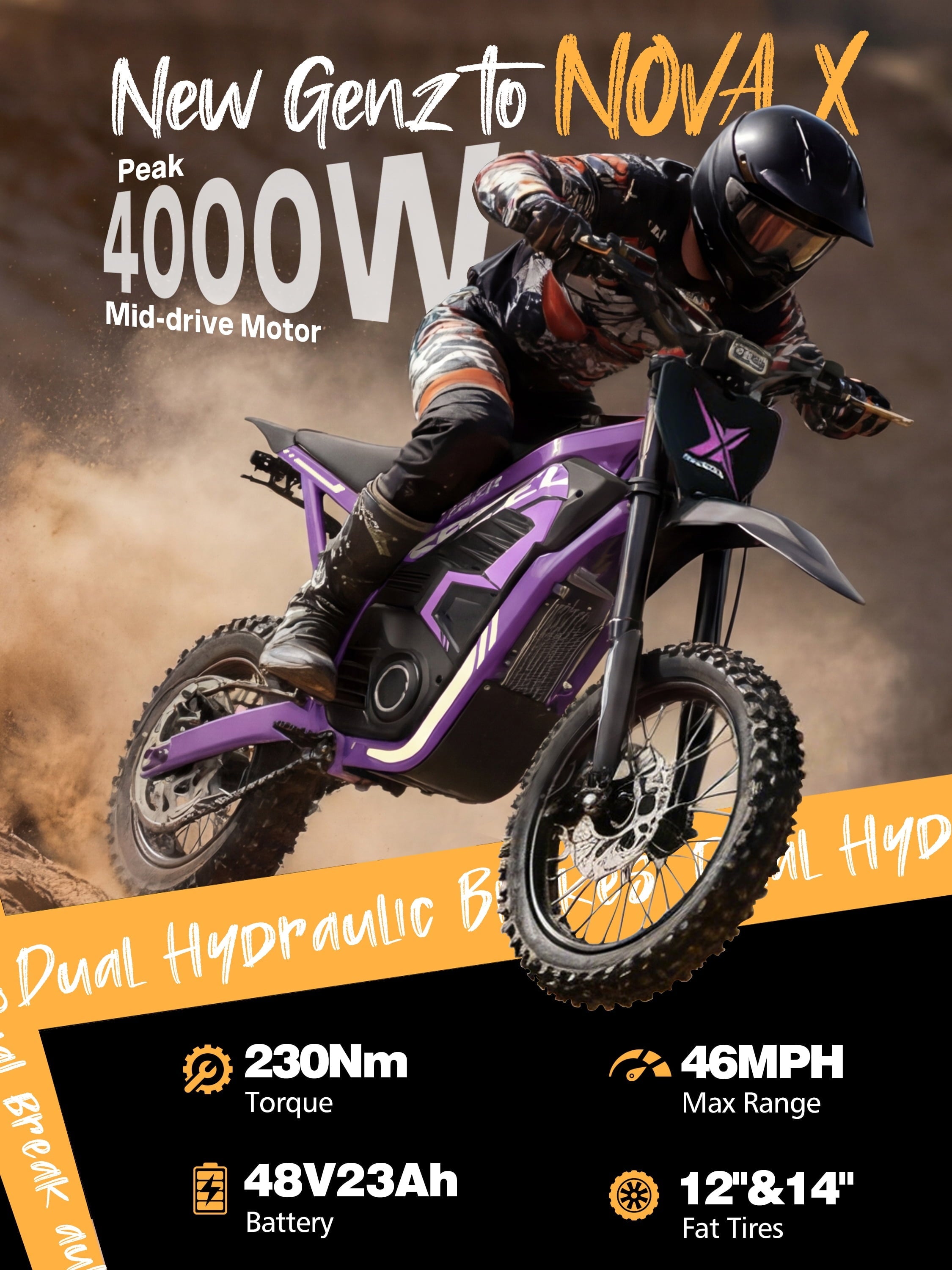 ESKUTE NovaX Electric Dirt Bike for Teens & Adults, 4000W Peak Mid-Drive Motor, 35-46 MPH Off-Road E-Bike, 48V 22.8Ah Battery, 14/12 Wheels, Hydraulic Dual Shock Suspension Orange