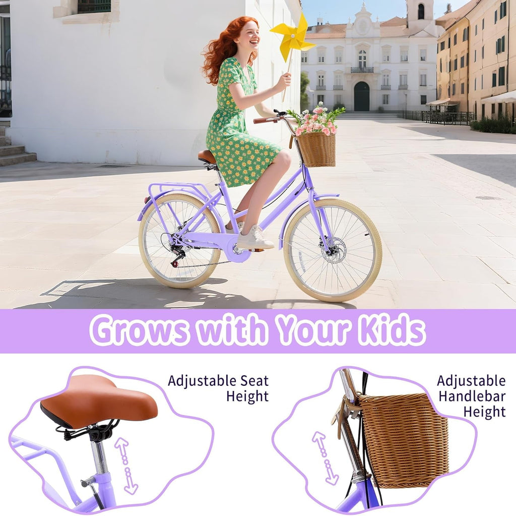 24 Beach Cruisers for Women, Pipleo Bikes for Women with Rattan Basket, 7-Speed & Step-Through Frame