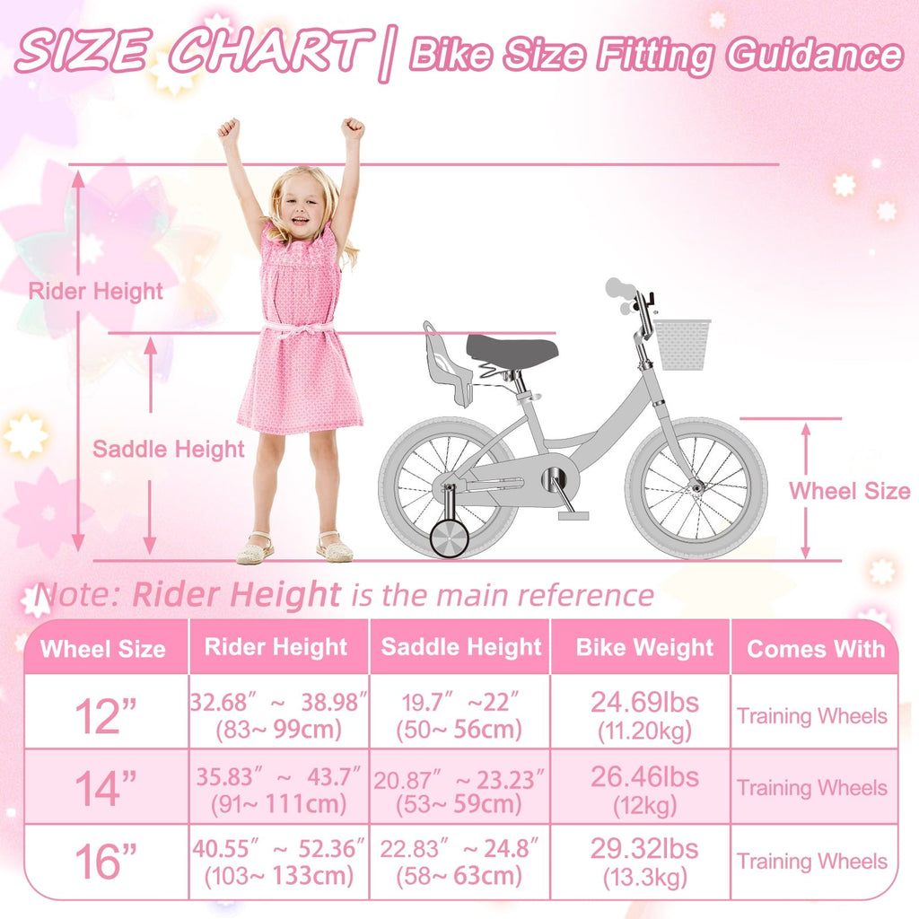 Korimefa Girls Bike for 3-9 Years Old Kids, 12 14 16 inch Kids Bike with Training Wheels, Basket and Doll Seat, Children Bicycles with Handbrake, Pink