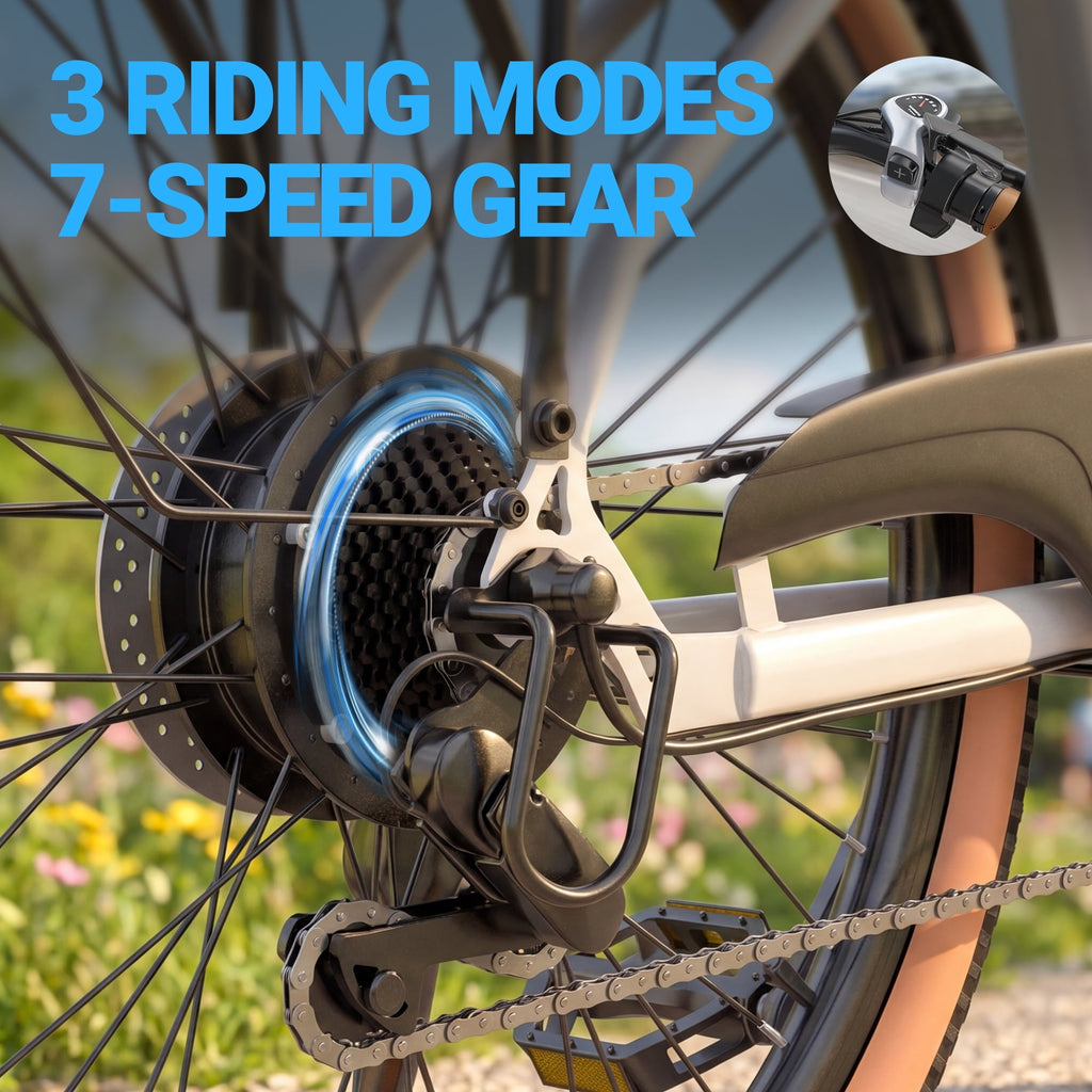 HQYEX HQ26 Electric Bike, 26 Inch Tire 1500W Powerful Brushless Motor Ebike, 48V 11AH Removable Rechargeable Battery, 7-Speed Gear Shift Electric Bicycle, Comfortable City Commuter E Bike for Adults