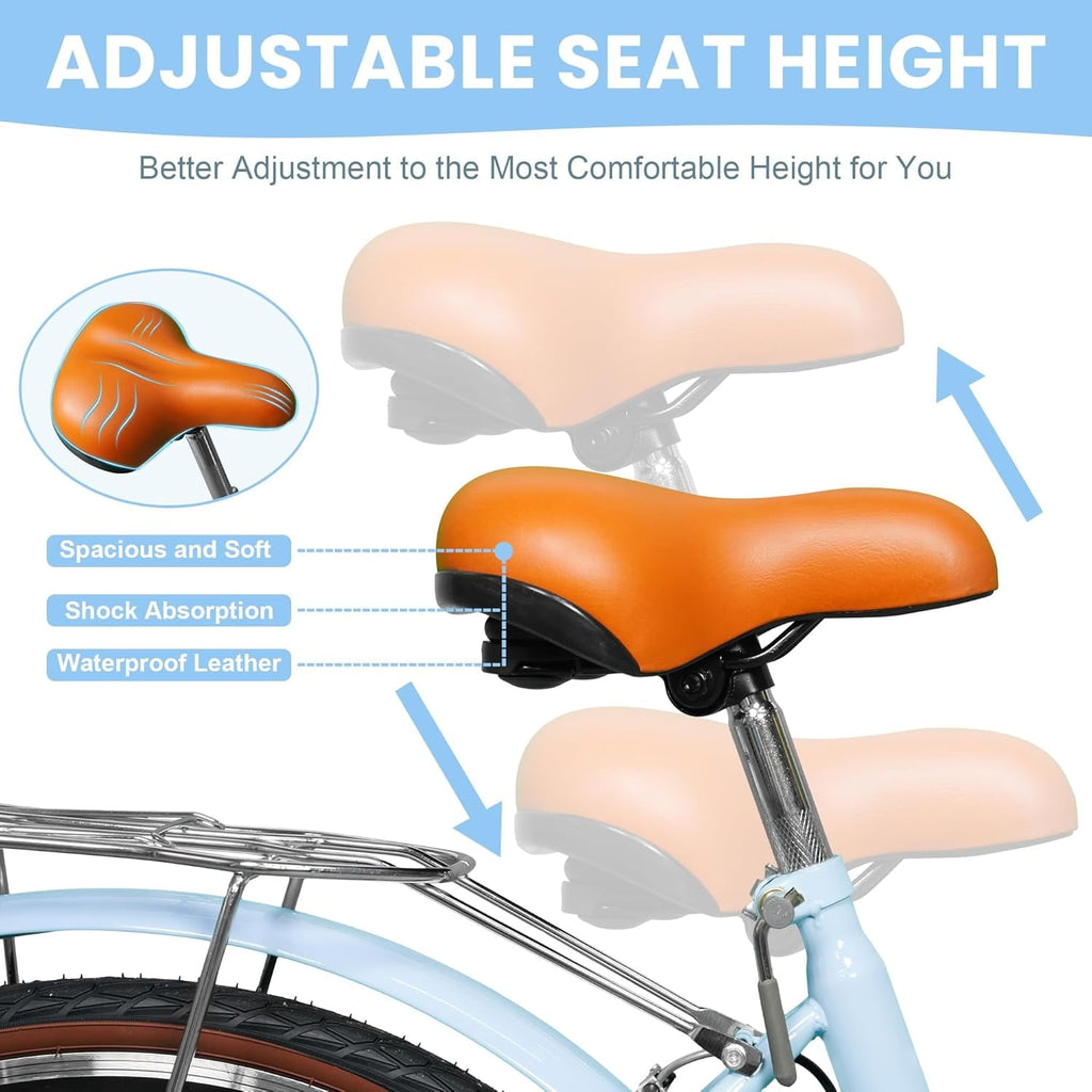 24 Beach Cruisers for Women, Pipleo Bikes for Women with Rattan Basket, 7-Speed & Step-Through Frame