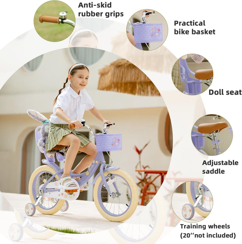 ACEGER 14 Inch Girls Bike with Basket, Training Wheels, Doll Seat, Purple Kids Bicycle for Ages 3-5