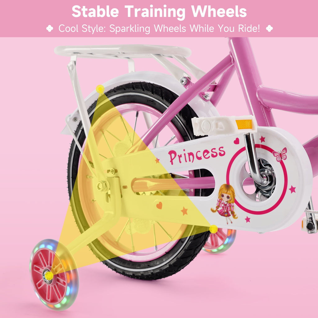 16 18 Inch Girls Bike for Toddlers and Kids Ages 4-9 Years Old, Kids Bike with Flashing Training Wheels & Basket, Girls Bicycle with Handbrake & Kickstand, Pink/Purple