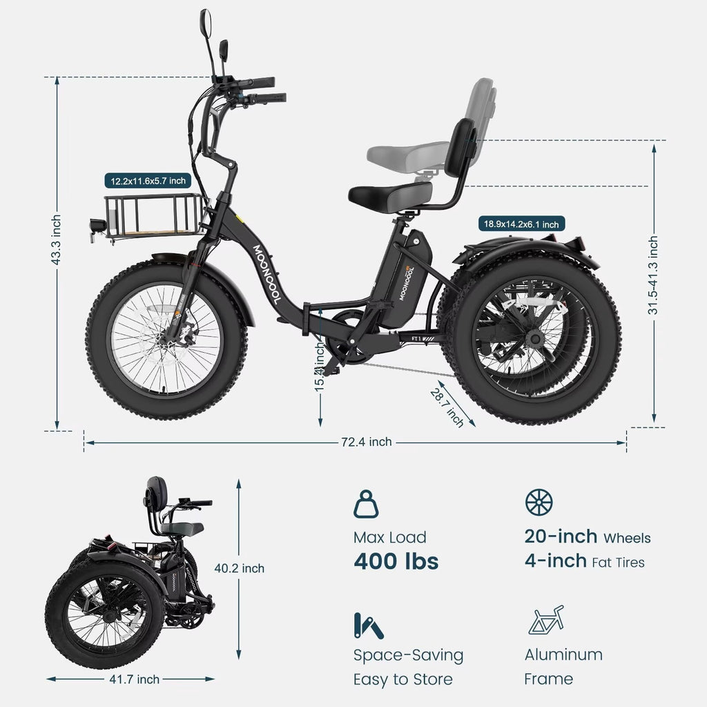 MOONCOOL Folding Electric Tricycle for Adults, 20 x 4 Fat Tire Electric Trike, 48V Peak 1092W  Electric Bicycle, 3 Wheels 7 Speed Ebike w/ 14.5Ah Removable Battery& Speed Differential Mechanism