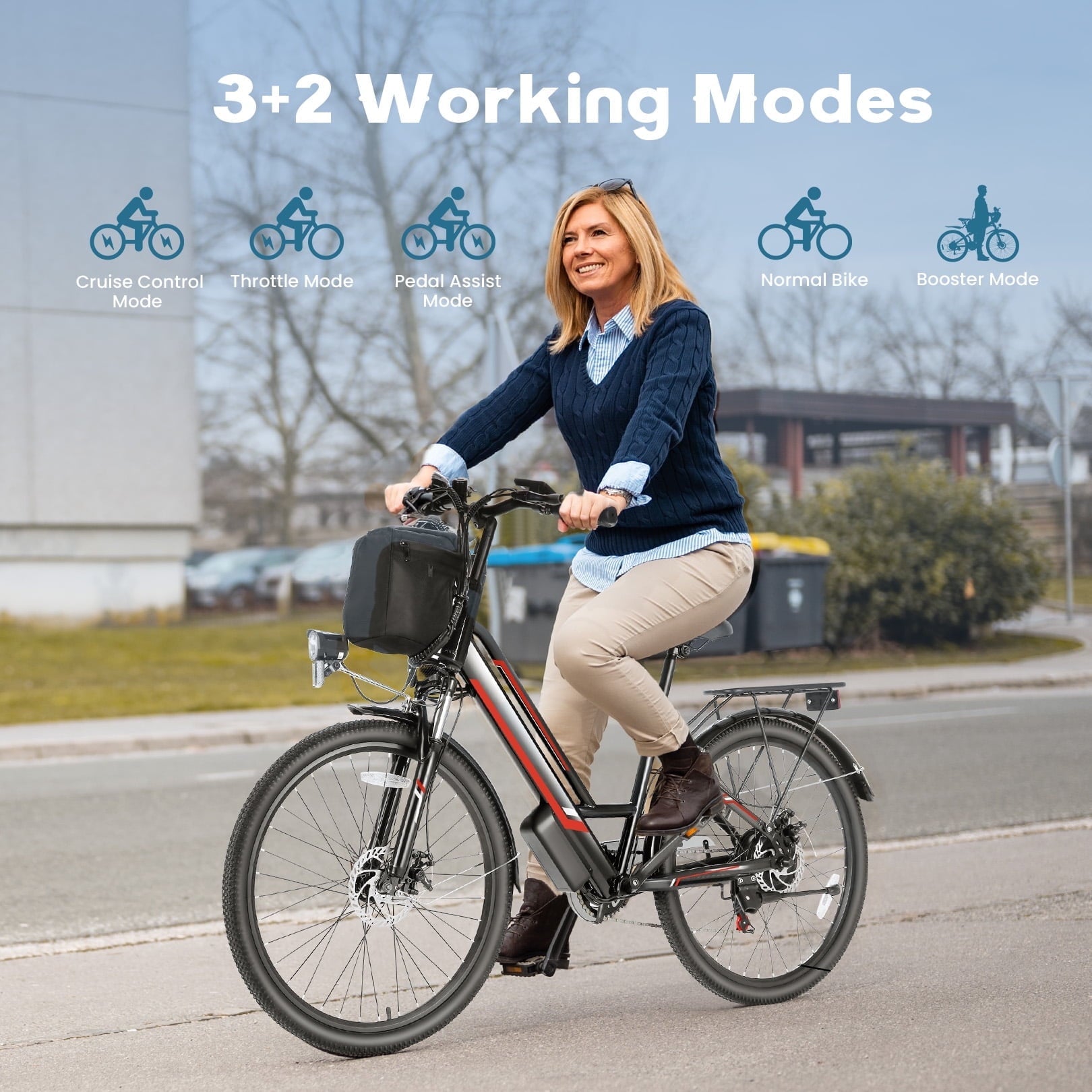 Elifine 500W Electric Bike for Adults, 26 Commuter Electric Bicycle 19.8mph City Ebike with 5 Riding Modes, 48V 7.8Ah Removable Battery UL 2849, LCD Intelligent Display Hybrid Electric Bike Red