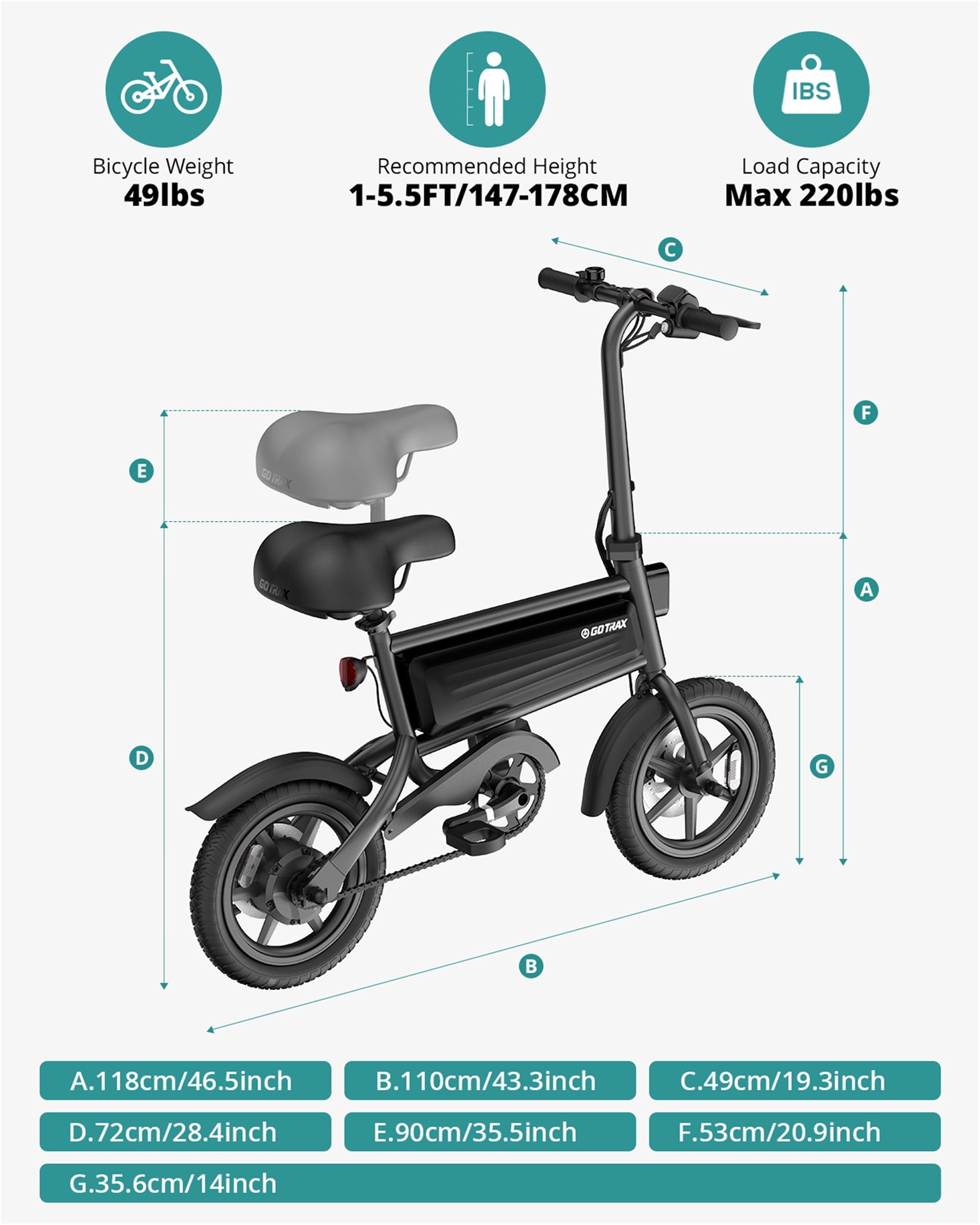 GOTRAX S2 14 Folding Adult Electric Bike, 250W, 15.5 mph Max Speed LED Display, Black