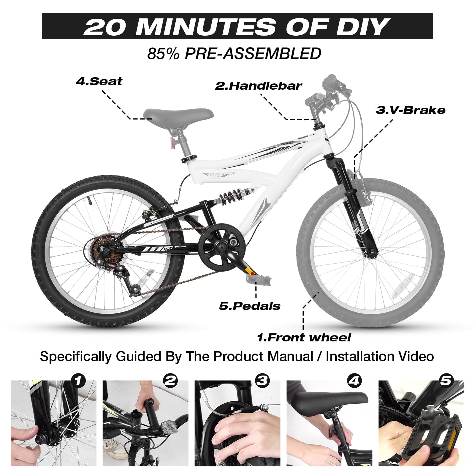 Hykolity Kids Mountain Bike 20 inch MTB Bicycle Age 6-12 Years Height 42-56 in Tween Cycling Full Suspension Sport Outdoor Bikes - Matte Black