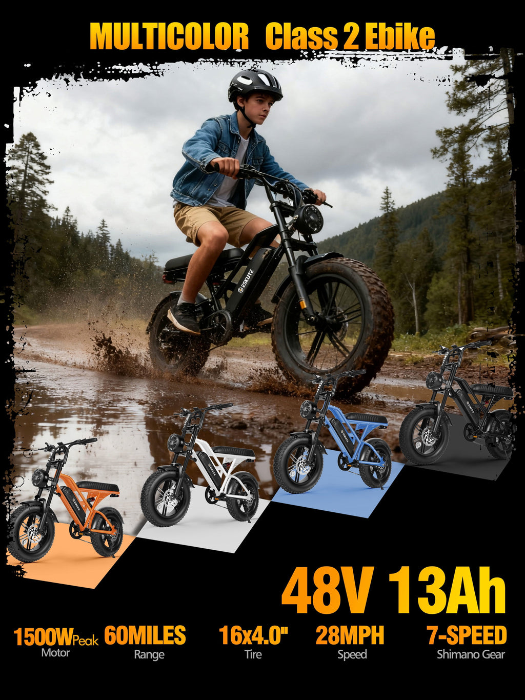 ESKUTE V100 Electric Bike for Teens Adults Students, 750W 28 Mph 48V 13 Ah,16x4.0 Fat Tire E Bicycle, 7-Speed Dual Suspension Mountain EBike Black, UL2849