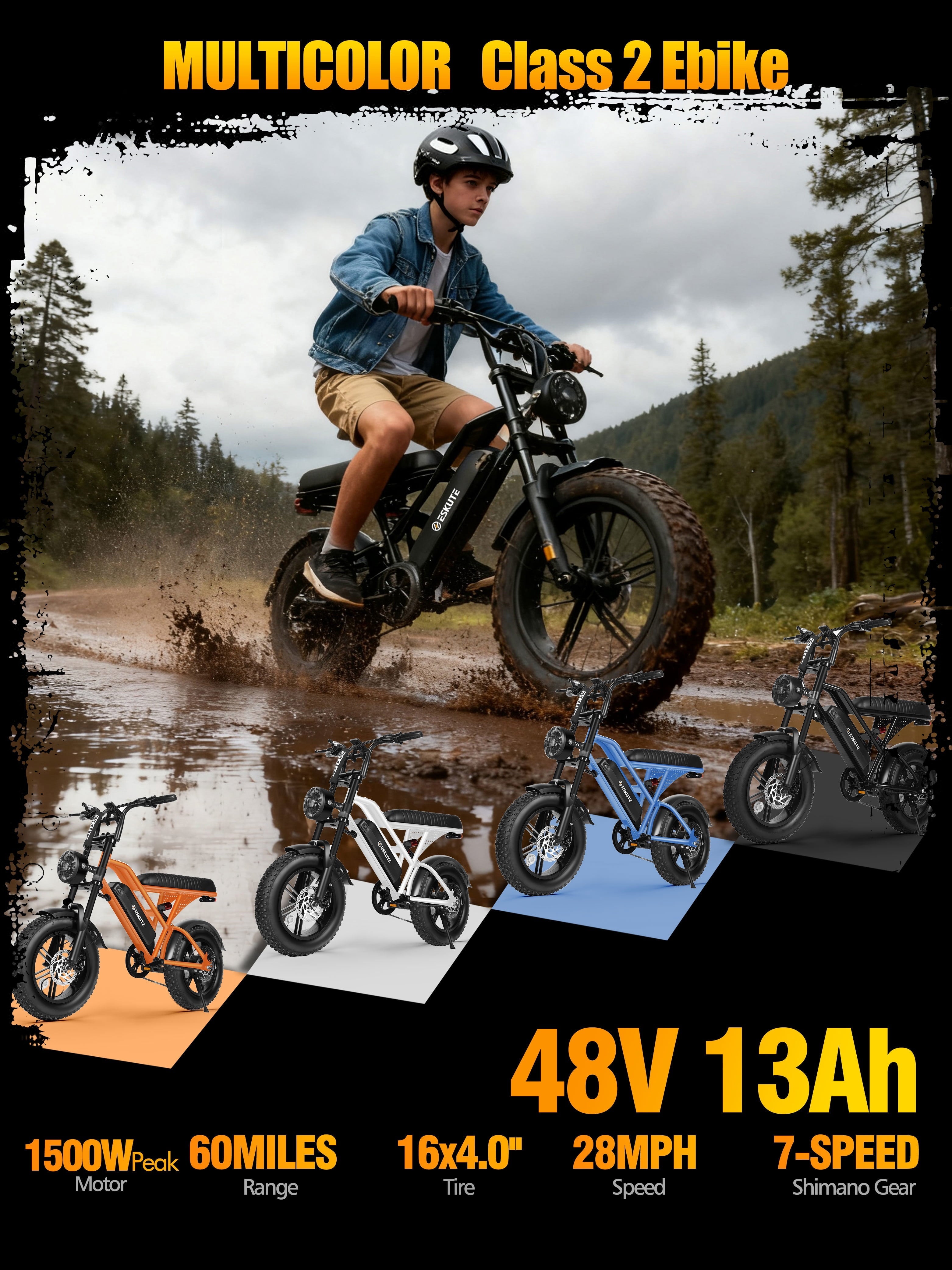 ESKUTE V100 Electric Bike for Teens Adults Students, 750W 28 Mph 48V 13 Ah,16x4.0 Fat Tire E Bicycle, 7-Speed Dual Suspension Mountain EBike Black, UL2849
