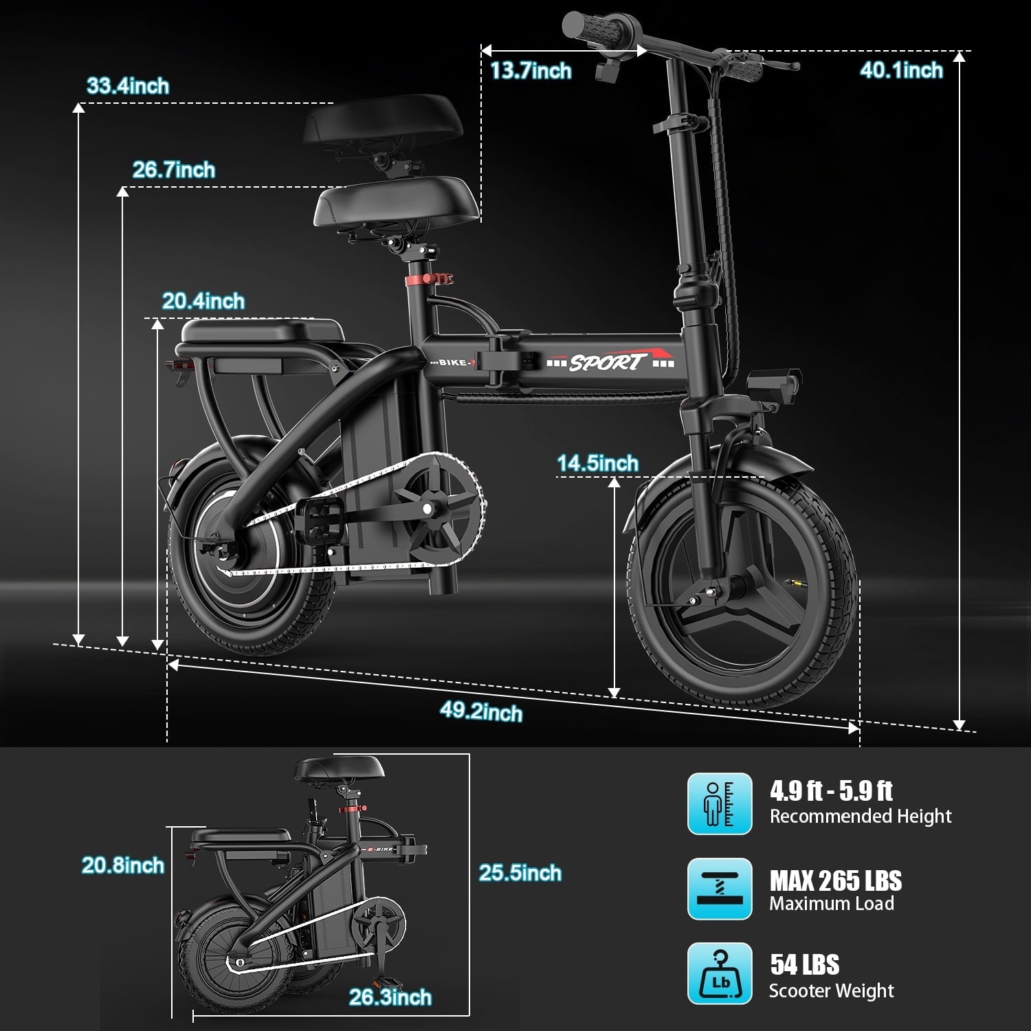GWEIT Electric Bike for Adults,1000W Peak Folding Electric Bike, 40-Mile Range, 14-Inch Tire E-Bike with 48V 10Ah Removable Battery, Electric Mini Bike
