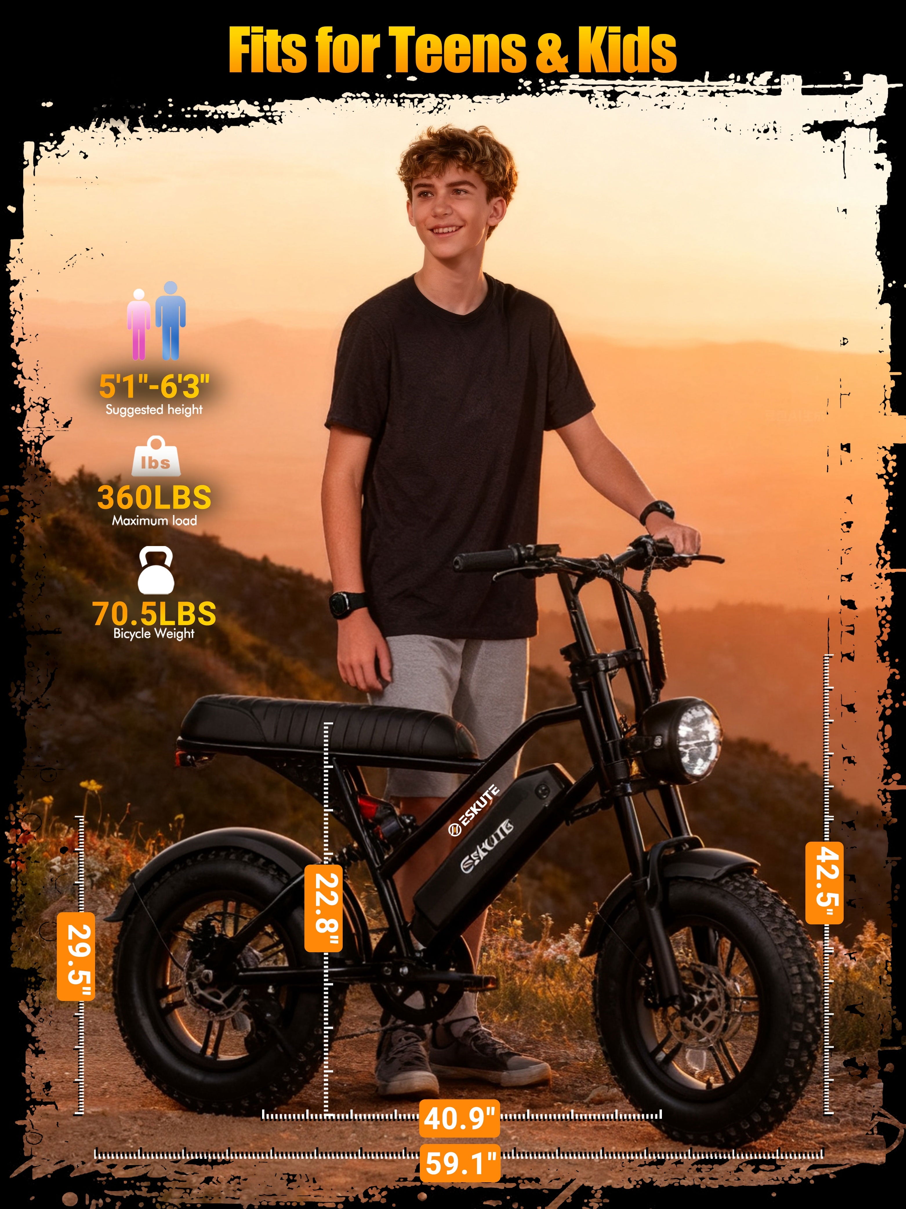 ESKUTE V100 Electric Bike for Teens Adults Students, 750W 28 Mph 48V 13 Ah,16x4.0 Fat Tire E Bicycle, 7-Speed Dual Suspension Mountain EBike Black, UL2849