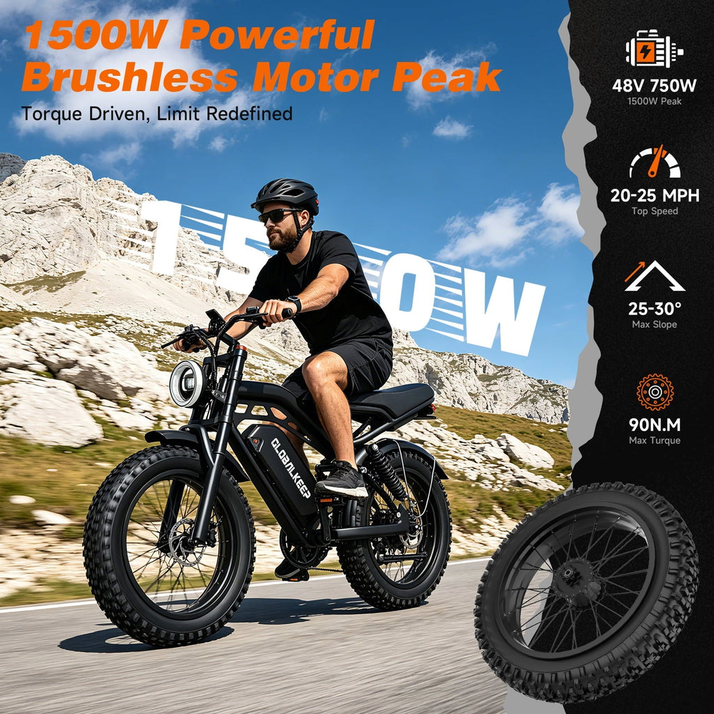 GlobalKeep Electric Mountain Bike for Adults, Peak 1500W Motor, 20x4 Fat Tire E Bicycle, 48V/15.6Ah Battery UL2849